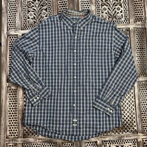 IZOD Mens Button Down Shirt XL Blue Plaid Cotton Classic Heritage Tartan